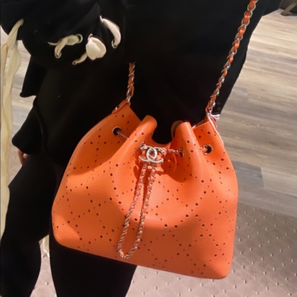 Chanel Caviar Drawstring Perforated Bucket Bag Coral Pink Orange Silver HW - Picture 2 of 16